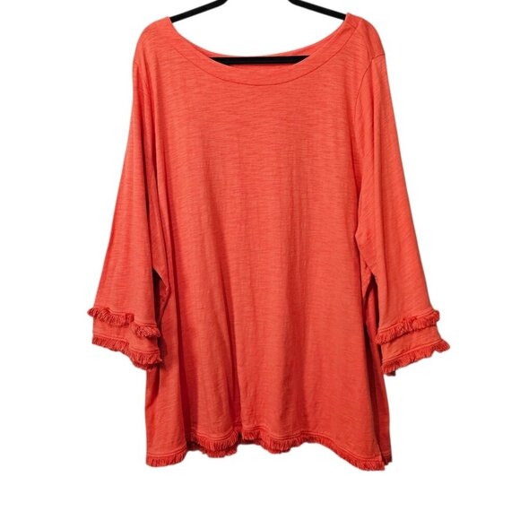 Belle by Kim Gravel Slub Knit Fringe Boho 3/4 Bell Sleeve Orange Top - Picture 1 of 8